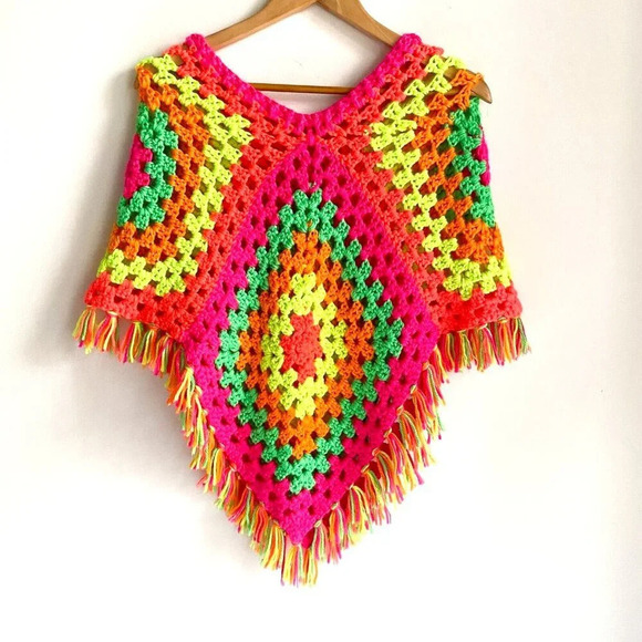 Vintage  Handmade Colourful Neon Colours Festival Poncho - Picture 5 of 5